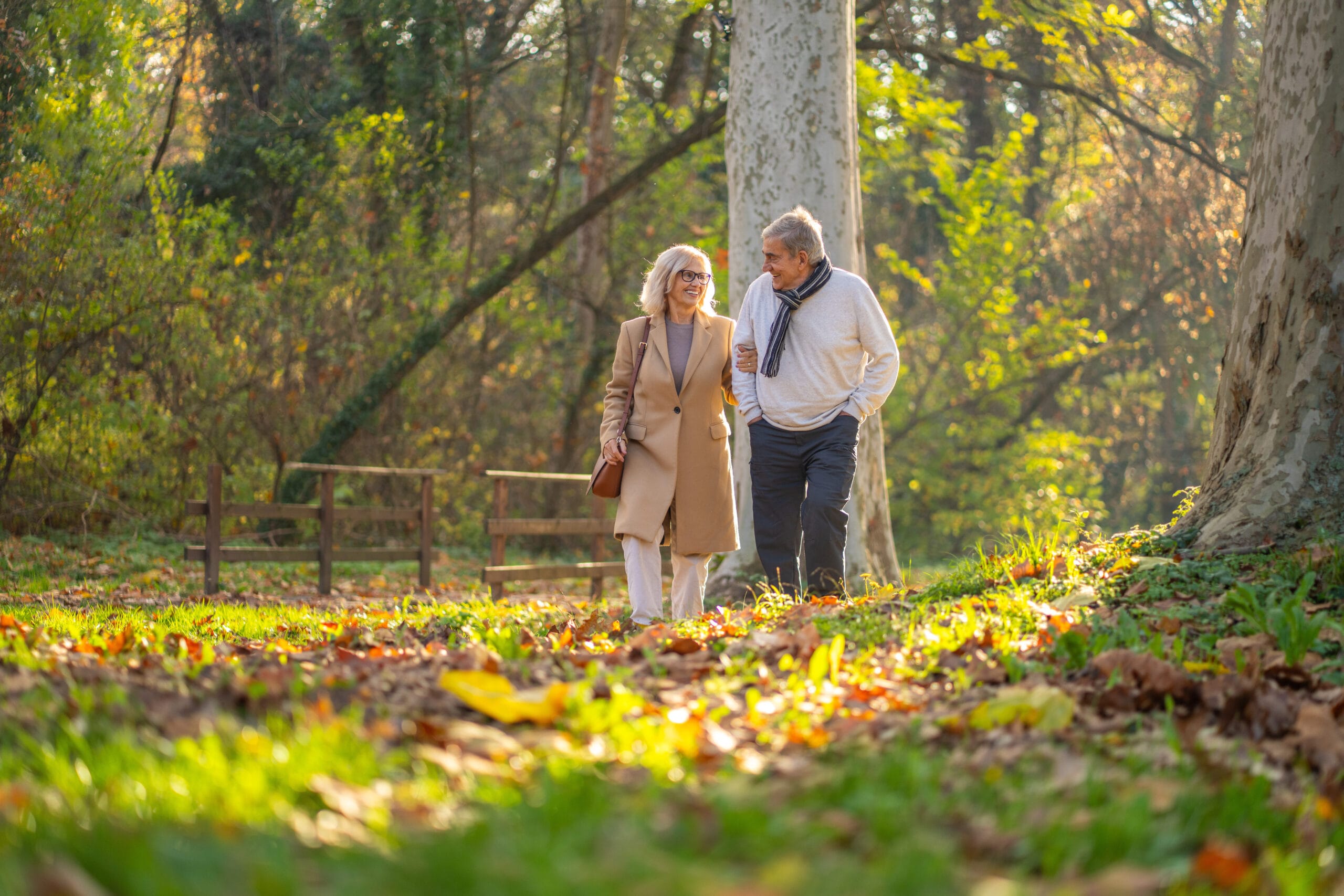 Coppia anziana passeggia rilassata nel Giardino della Città di Winterthur in autunno e si gode l'atmosfera tranquilla