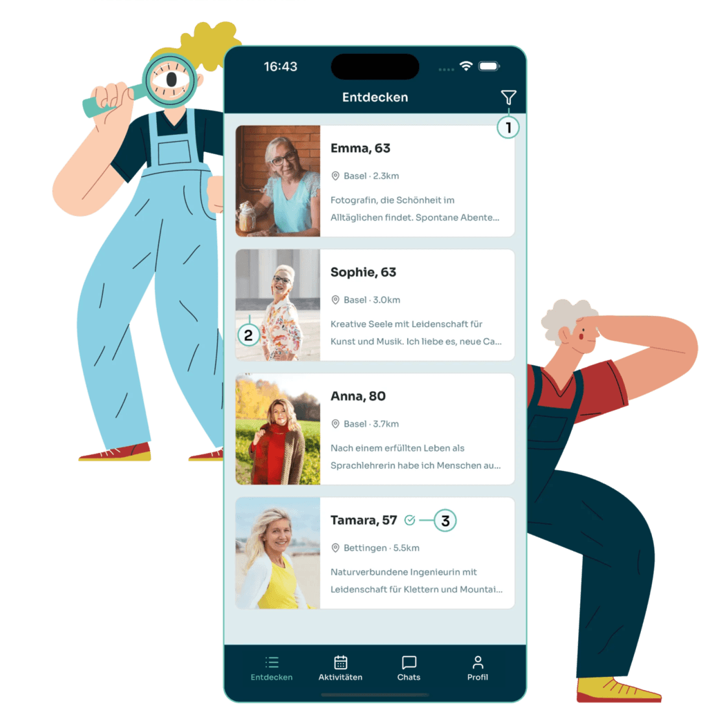 A smartphone screenshot of the DuoLivo app shows the Discover view with profile cards. To the left and right are illustrated figures of a woman and a man. 