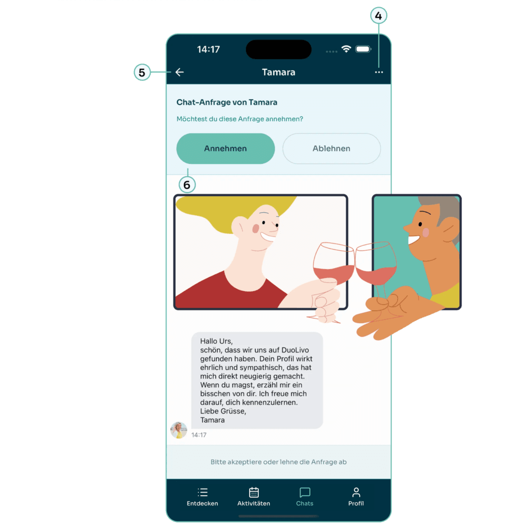 Smartphone screenshot of the DuoLivo app showing an incoming chat request with the options "Accept" and "Decline." In the background, illustrated figures of two people socializing. 