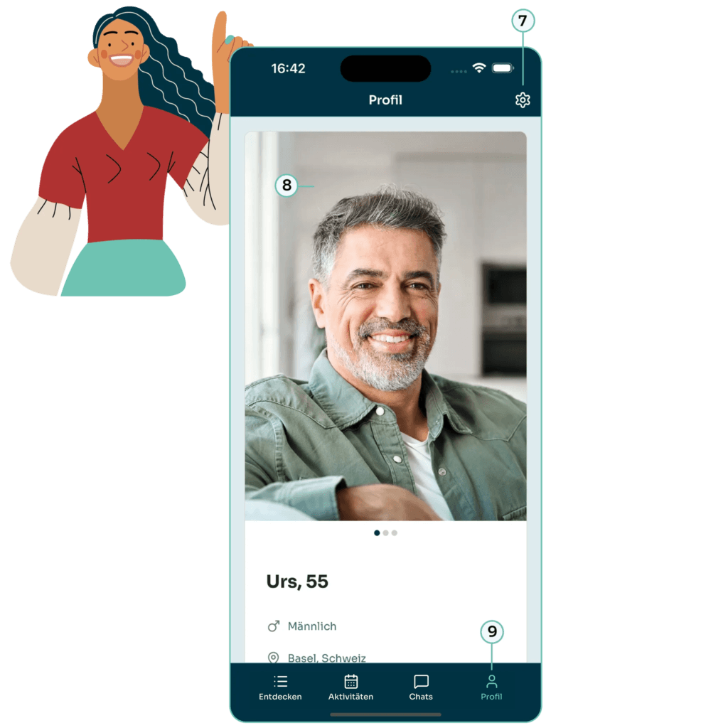 Smartphone screenshot of the DuoLivo app showing an example profile picture from Basel. Next to it is an illustrated figure of a woman. 
