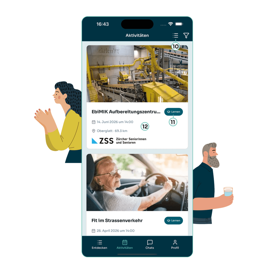 Smartphone screenshot of the DuoLivo app showing the activity overview with two ZSS events. To the left and right are illustrated figures of a woman and a man. 