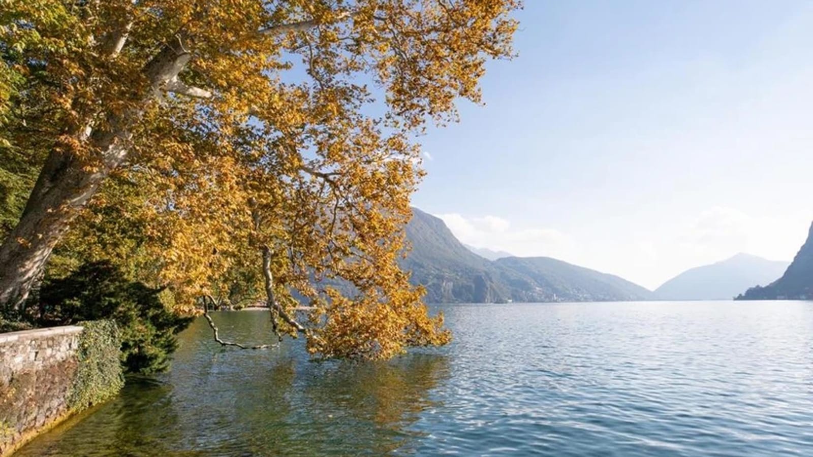 Vue sur le Parco Ciani à Lugano avec le lac de Lugano, la promenade verdoyante et le bord des Alpes suisses en arrière-plan