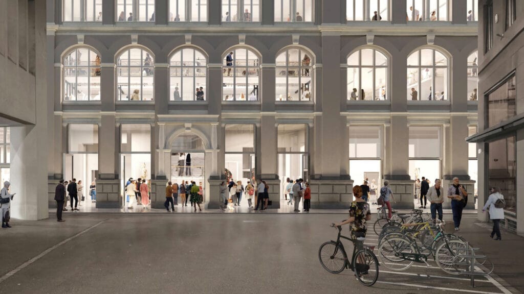 Aussenbereich des Textilmuseums St. Gallen mit Fahrrädern und der historischen Fassade des Gebäudes