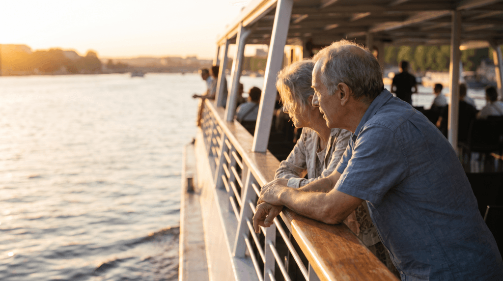 Zwei Personen stehen bei der Abendschifffahrt an der Reling und schauen aufs Wasser