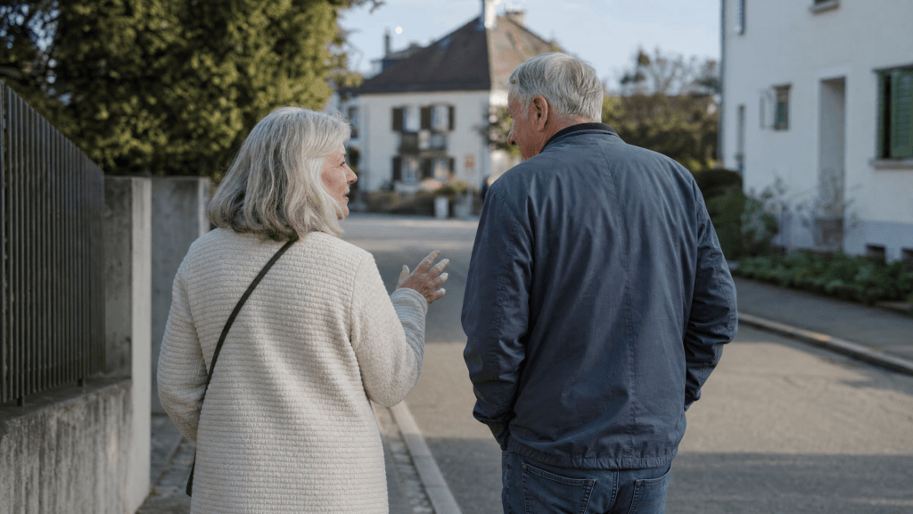 Paar über 60 spaziert im Gespräch durch eine ruhige Wohnstrasse