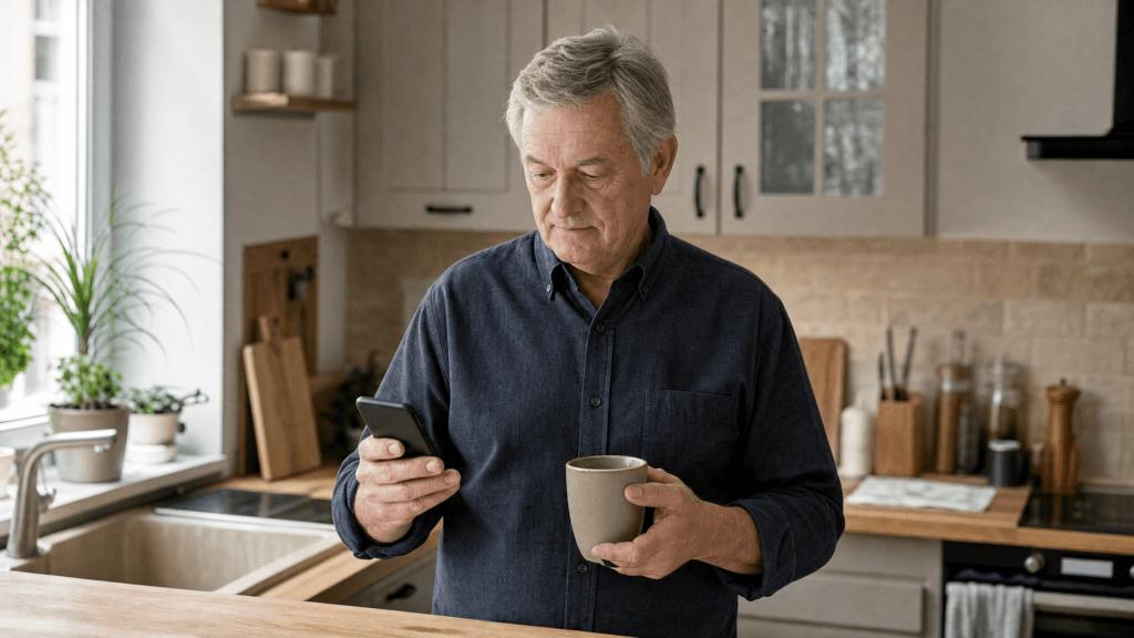 Man over 50 standing in the kitchen with a coffee cup, looking at his smartphone