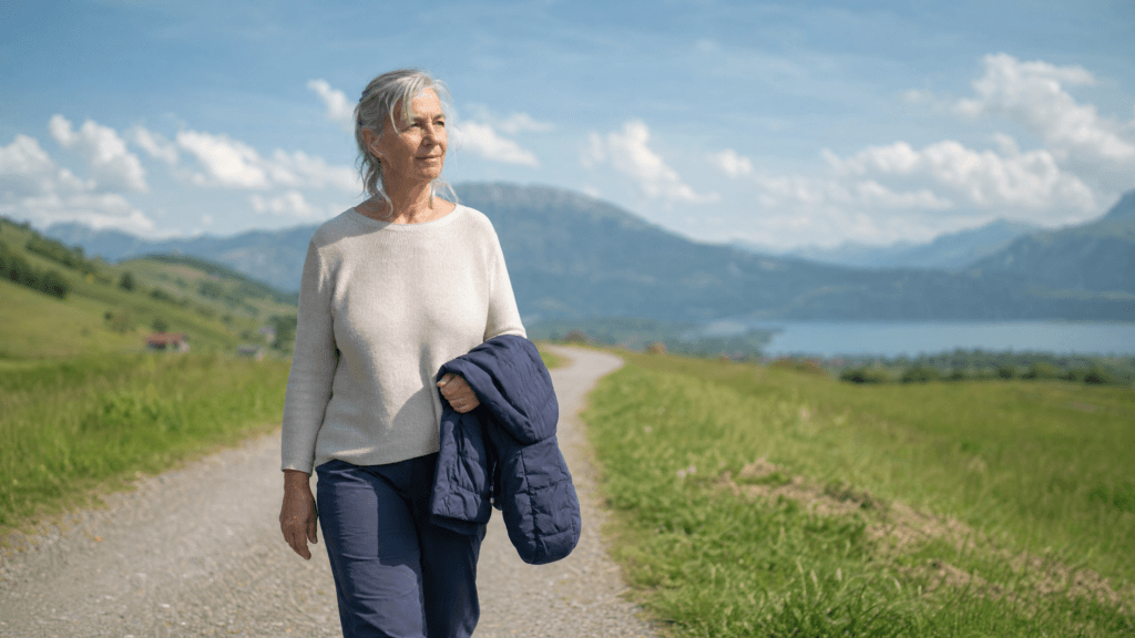 Woman over 50 walking along a lakeside path with her jacket over her arm