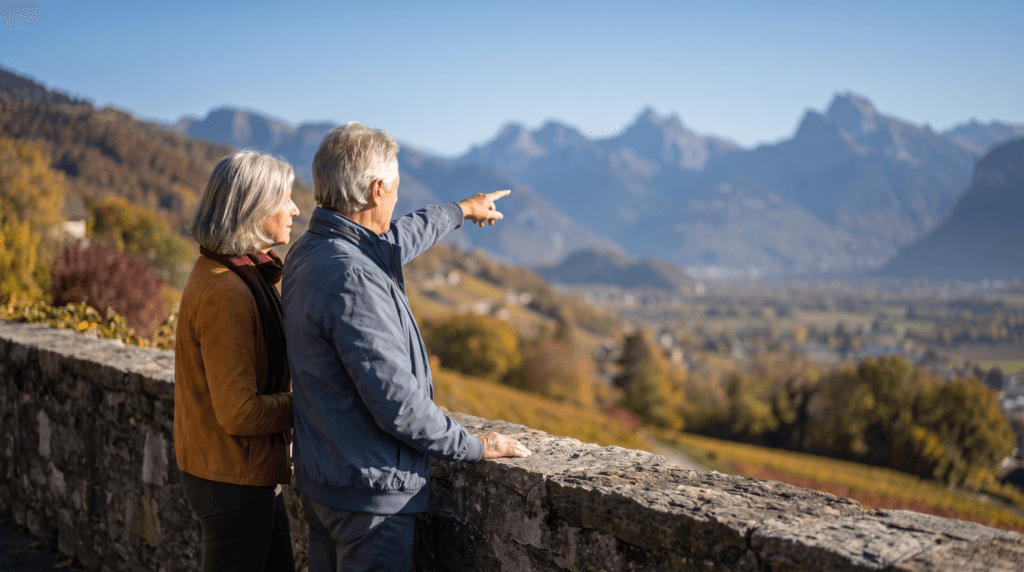 Mann zeigt seiner Begleiterin die klare Herbstaussicht auf die Berge