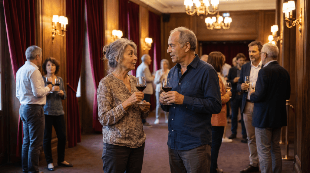 Paar mit Weingläsern im Foyer eines Theaters vor der Vorstellung