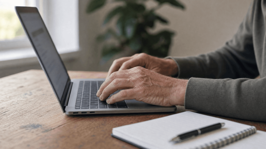 Hände tippen am Laptop, daneben Notizblock und Stift – Profilangaben und Bilder überprüfen