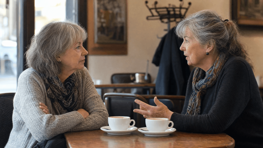 Zwei Frauen ab 50 im Gespräch bei Kaffee – über einen verdächtigen Kontakt mit jemandem sprechen