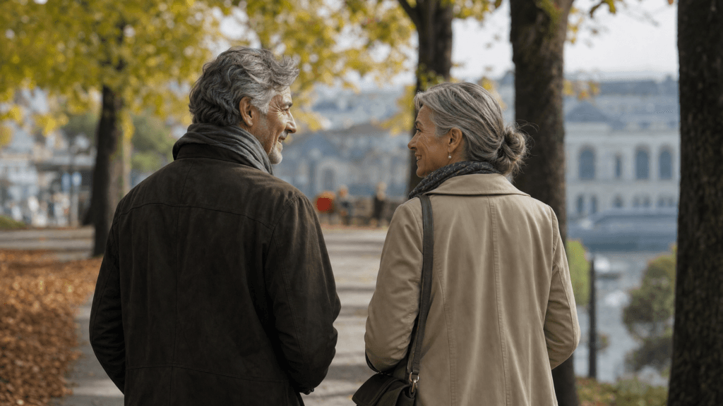 Frau und Mann um die 60 im Gespräch auf einer herbstlichen Seepromenade