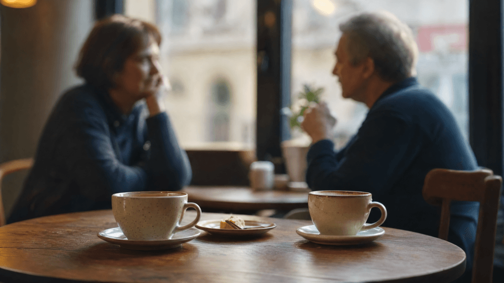 Zweites Date ab 50: Frau und Mann sitzen sich im Café bei einer Tasse Kaffee gegenüber und unterhalten sich