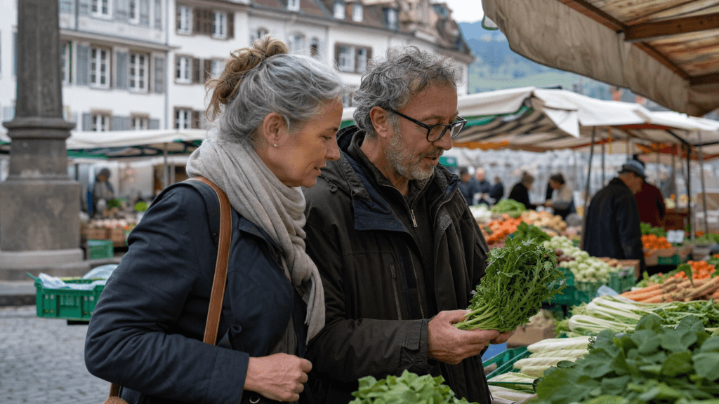 Paar über 50 betrachtet gemeinsam frisches Gemüse an einem Marktstand in einer Schweizer Altstadt